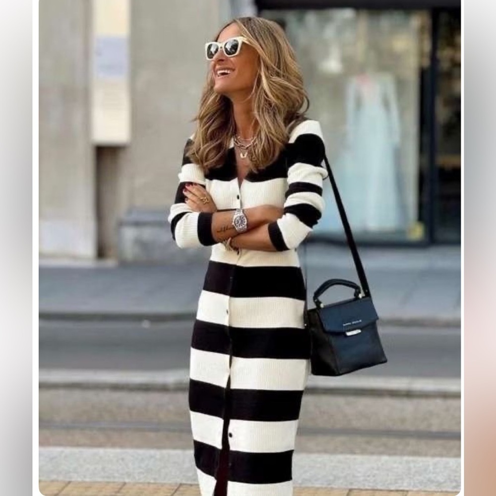 NWT Striped Black and Tan Long Cardigan Dress